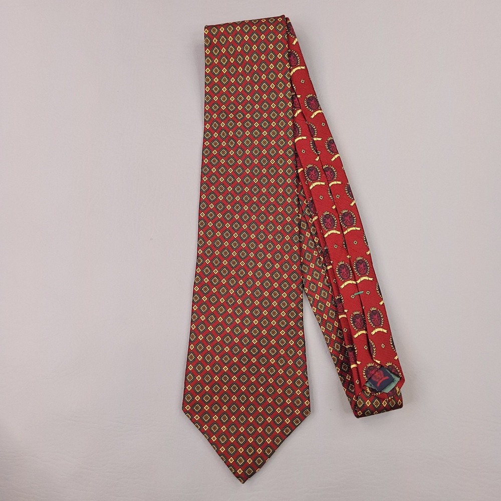 Vintage Tommy Hilfiger Tie Mens Red Geometric Foulard Crest 90s Preppy Classic